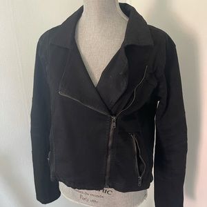 Black denim, cropped Moto style jacket.